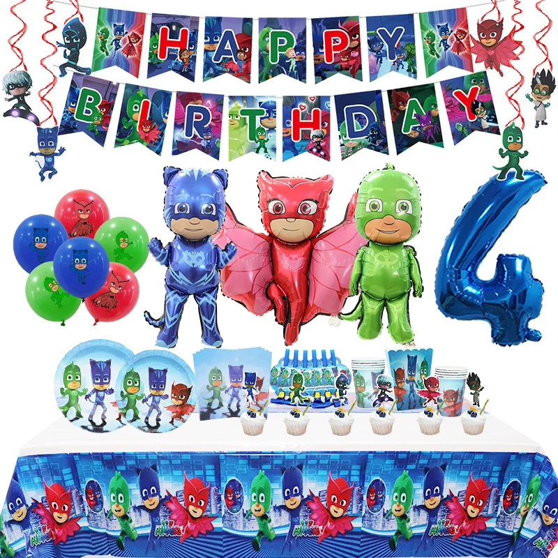 Pjm Maske Geburtstag Party Dekoration Aluminium Folie Ballon Für Kind Event Liefert Einweg Geschirr Banner Hintergrund Geschenk Image