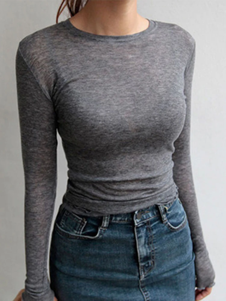 Hohe Qualität Plain T Shirt Frauen Elastische Grundlegende T-shirts Weibliche Casual Tops Langarm Sexy Dünne T-shirt durchsichtig Image