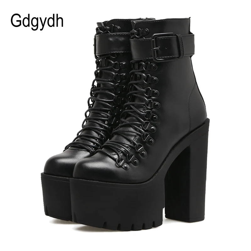 Gdgydh Mode Motorrad Stiefel Frauen Leder Frühling Herbst Metall Schnalle High Heels Schuhe Zipper Schwarz Stiefeletten Frau Schnürung Image
