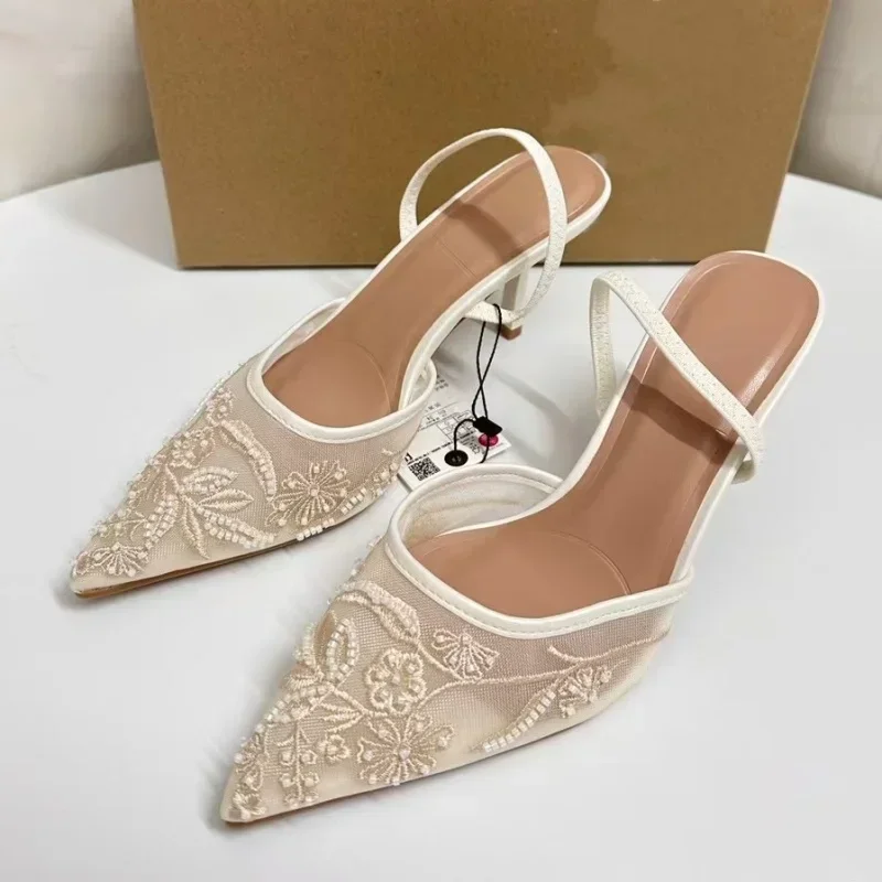 Marke Designer Weiß Frauen Hochzeit Pumpen Mesh Gestickte Blumen Zurück Strap Sexy Slingback High Heel Kleid Schuhe für Damen