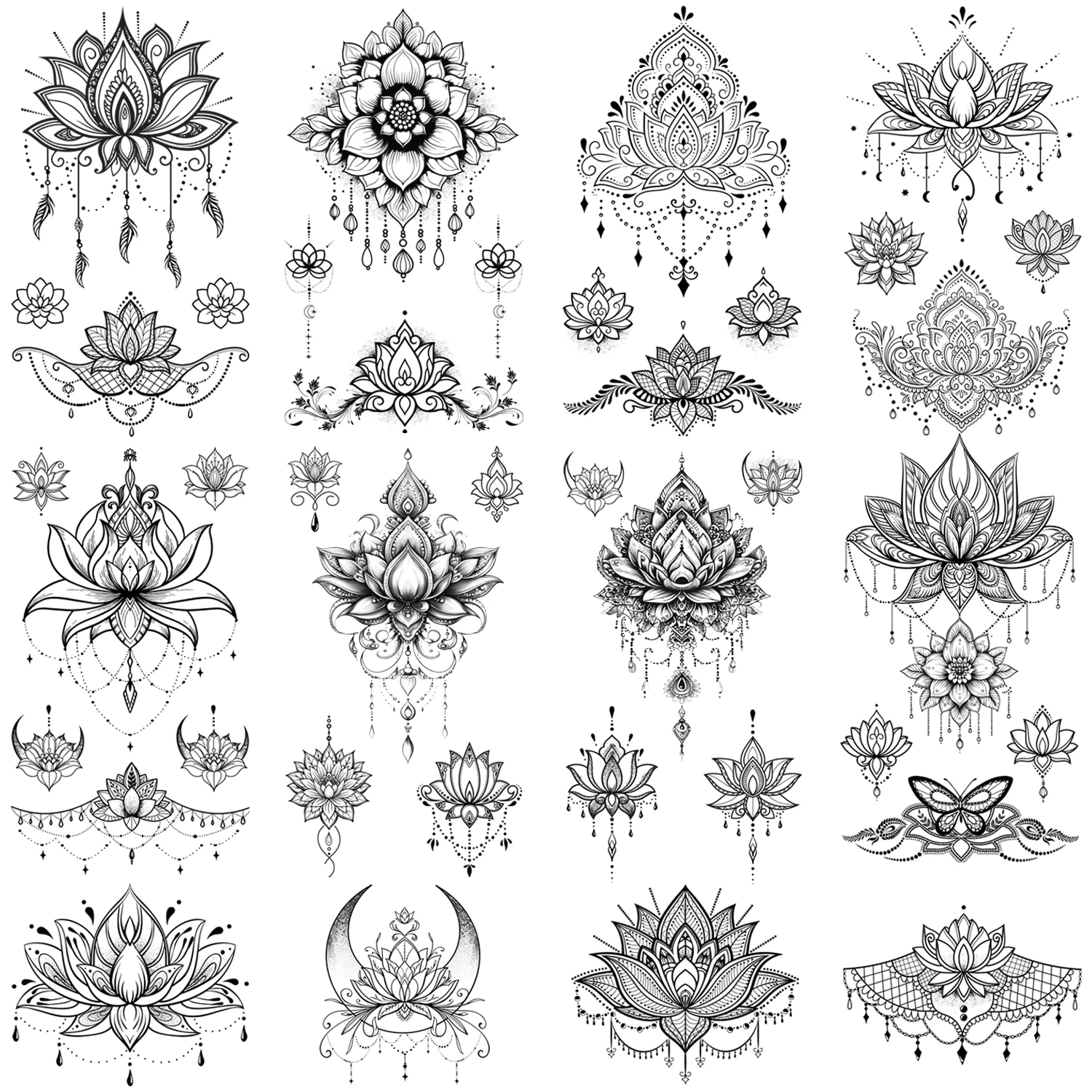 10 Blatt sexy schwarze Lotus temporäre Tattoos für Frauen, Hochzeit, Bräute, Tribal, gefälschter Schmuck, Anhänger, Spitze, Mond, Mottenblumen