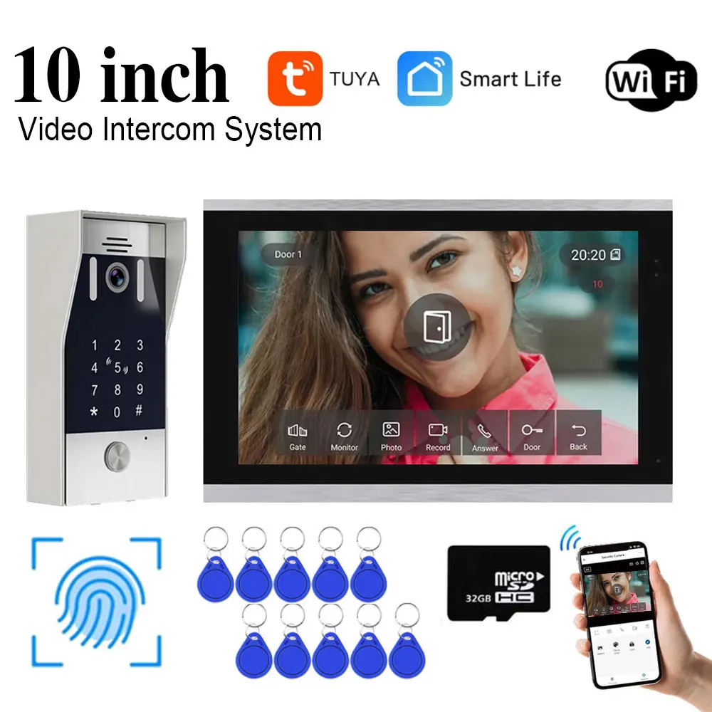 Neues 5-in-1 Fingerabdruck-Entsperrsystem Tuya Smart 10-Zoll WLAN-Video-Gegensprechanlage Video-Türsprechanlage mit Bewegungsmelder 1080P