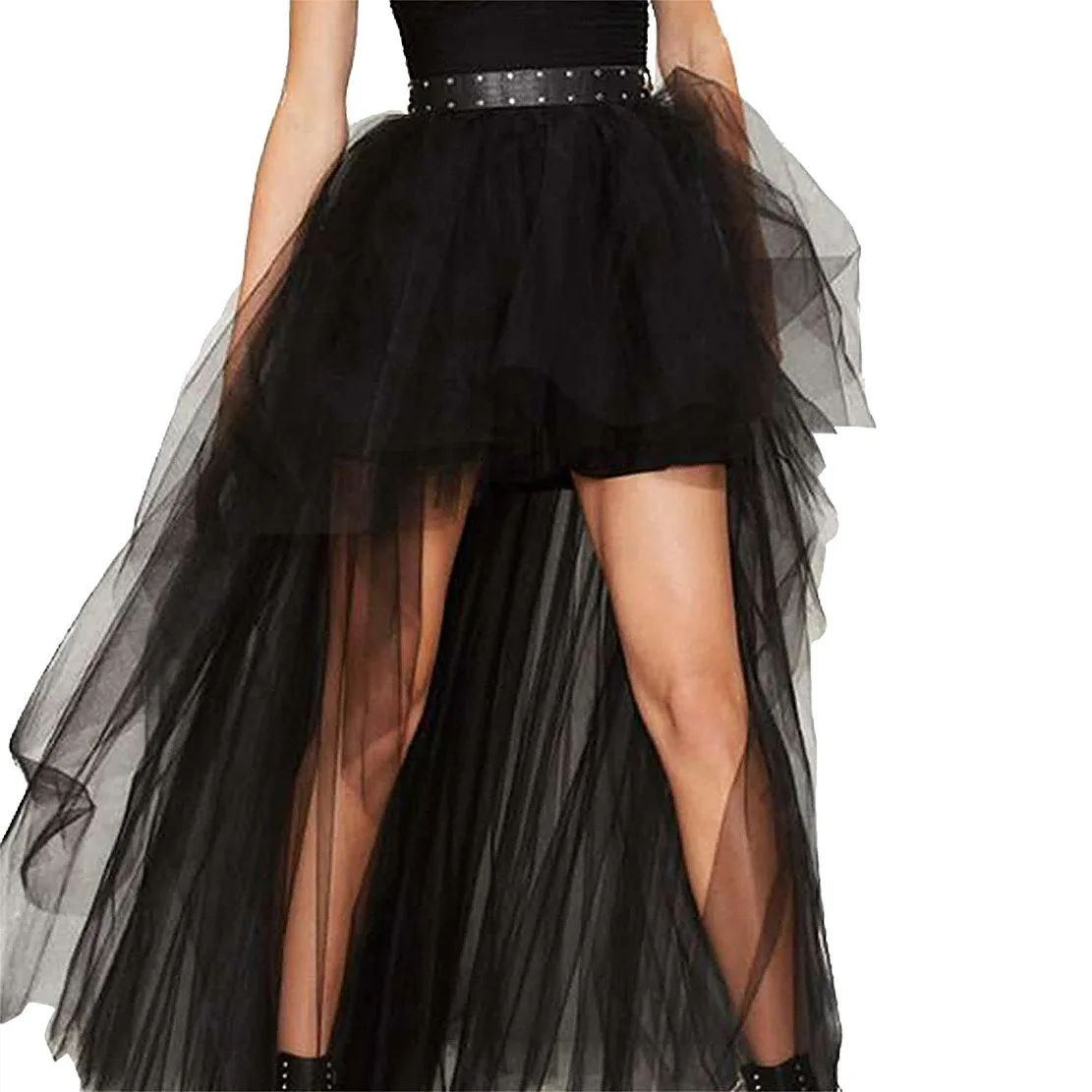 Sexy Partyrock, Netz-Tutu-Rock, schwarze Vorderseite, kurze Rückseite, langer, flauschiger Rock für Erwachsene, Gothic-Halloween-Cosplay-Kostüm