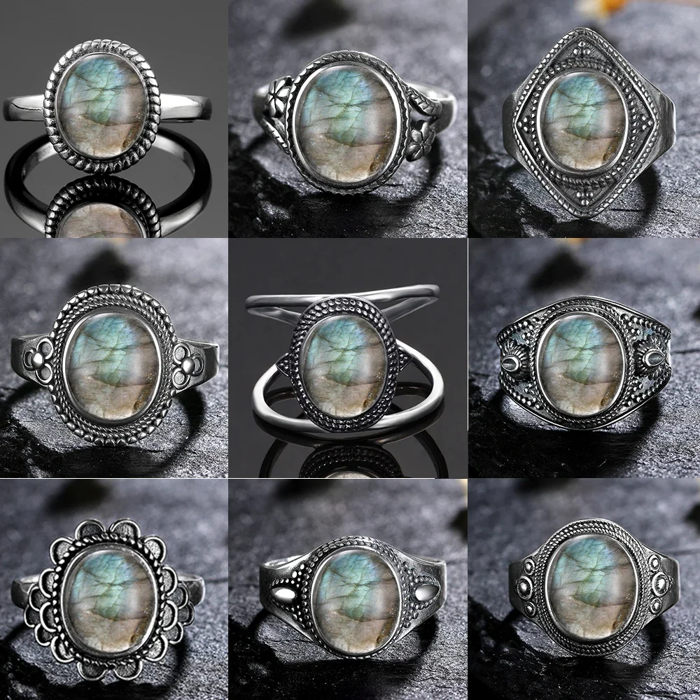 Silberring für Frauen, ovaler runder natürlicher Labradorit-Ring, Geschenk, sonnenförmig, Retro-Luxus, edler Schmuck Image