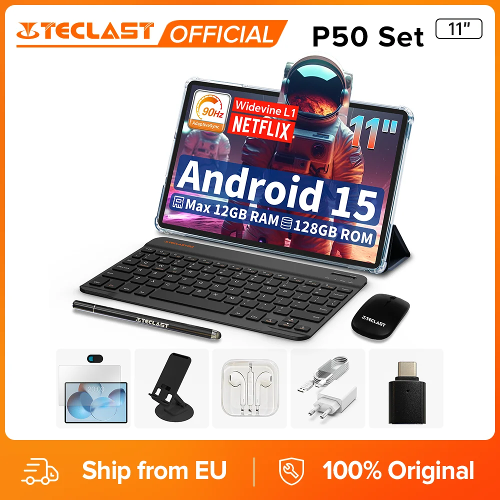 Teclast P50 Set Android 15 Tablet 11 Zoll 90Hz Max. 12 GB RAM, 128 GB ROM, T606, 8-Kern, Widevine L1, 7000 mAh, Typ-C Image