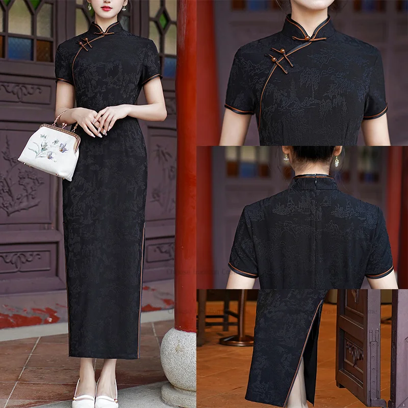 Sexy Schwarz Cheongsam Frauen Elegante Qipao Lose Chinesische Tradition Kleid Jacquard Lange Abend Party Vestidos Große Größe 3Xl 4X