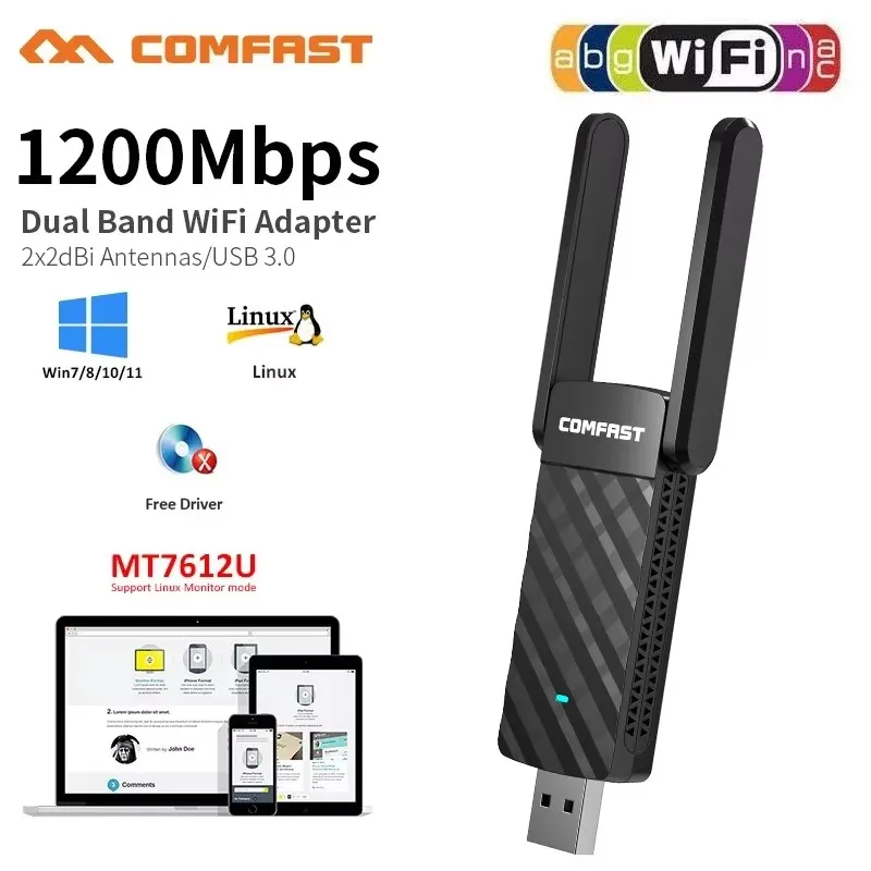 COMFAST 1200M MT7612U USB WiFi Dual Band 5G/ 2,4G Wifi Adapter Antenne Dongle LAN Adaptador Windows/Linux Desktop/Laptop/PC Image