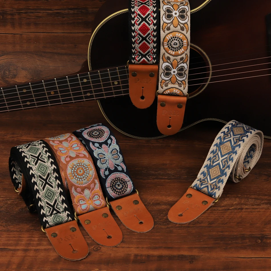 P&P Gitarrengurt, verstellbarer, bestickter Gürtel mit Lederende für Bass-Elektro-Akustikgitarre Image