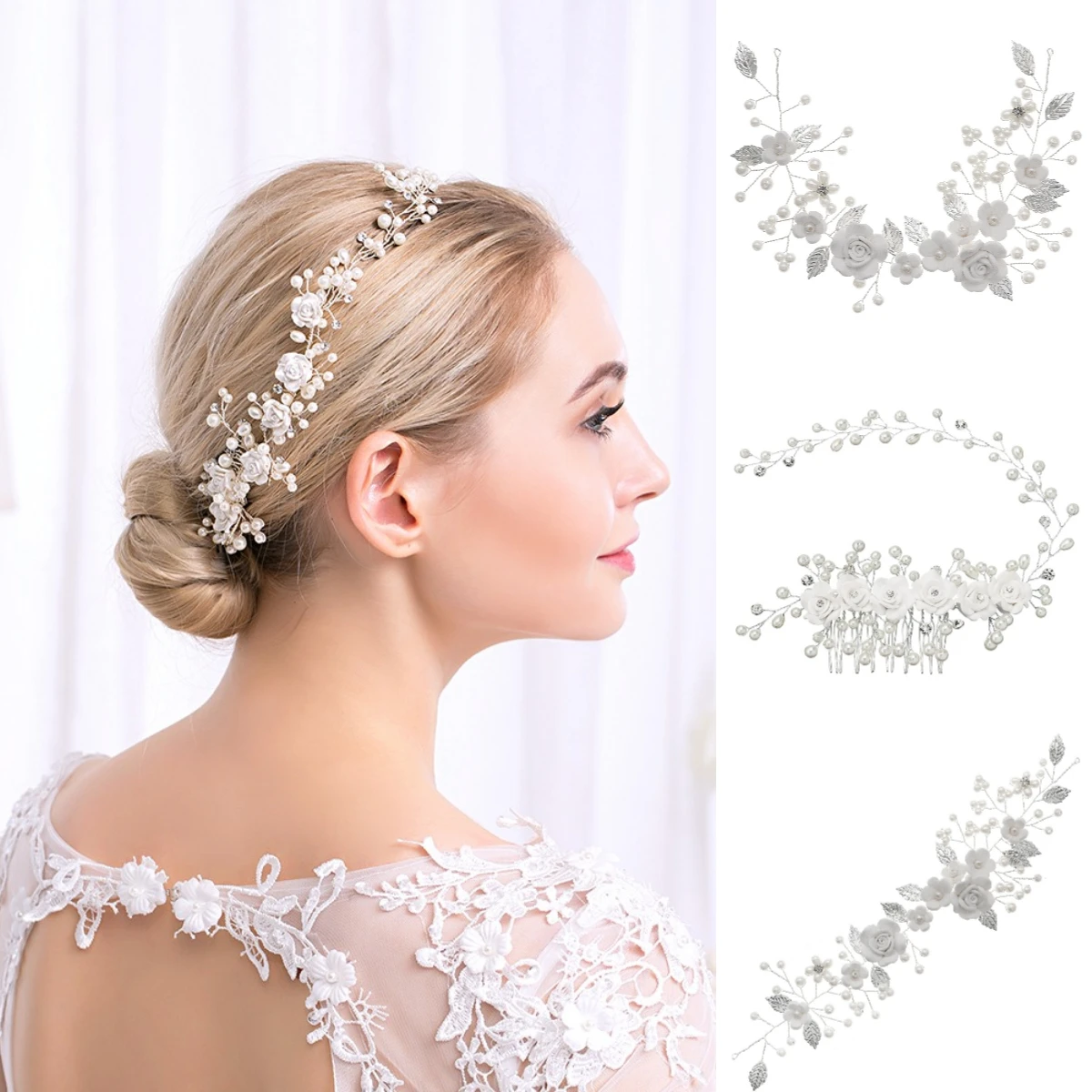 Silber Elegante Braut Hochzeit Weichen Ton Blume Stirnband Luxus Perle Kristall Haarband Kopfschmuck Party Haar Zubehör