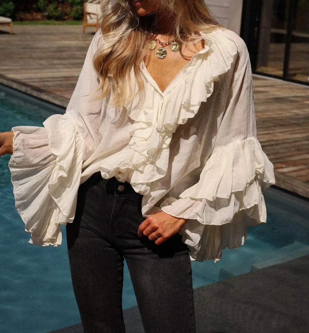 Neue Mode Frauen Rüschen Sheer Bluse Beiläufige Lose V-ausschnitt Langarm Shirts für Frühling Sommer Streetwear Heißer Verkauf S M L Image