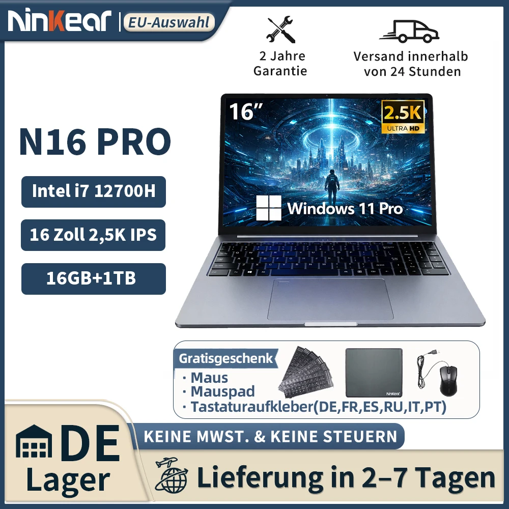 Ninkear N16 Pro Notebook verfügt über ein 16-Zoll-2,5K-Display mit 120 Hz, einen Intel Core i7-12700H Prozessor, WiFi 6 Unterstützung, 16 GB RAM, eine 1 TB SSD, vorinstalliertes Windows 11, Laptops für den Bürogebrauch Image