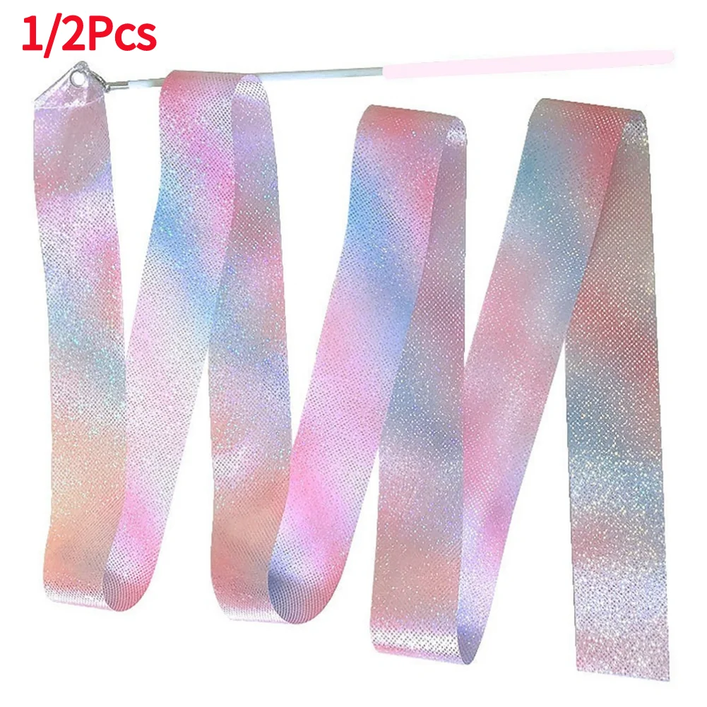 1/2 stücke 2m/4m Kunst gymnastik Ballett Tanzband mit Twirling Stick Kind blinkenden Glitzer Sport Performance Strip Bühnenshow Requisite Image