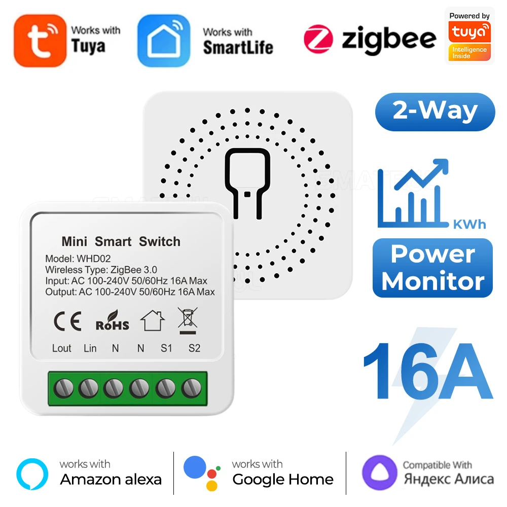 ZigBee/Wifi Smart Switch mit Power Monitor 16a Tuya Smart Home Improvement Breaker 2-Wege-Steuerung Stimme für Alexa Google Alice Image