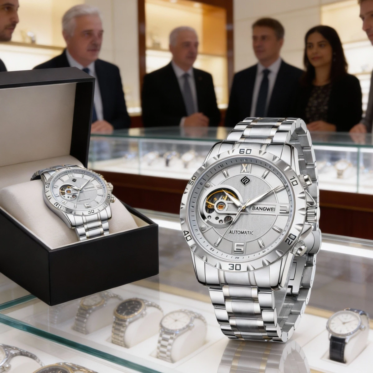 BANGWEI Paar Uhren Liebhaber Luxus Leuchtende Wasserdichte mechanische armbanduhren Edelstahl Uhr Männer Frauen Uhr + Box Image