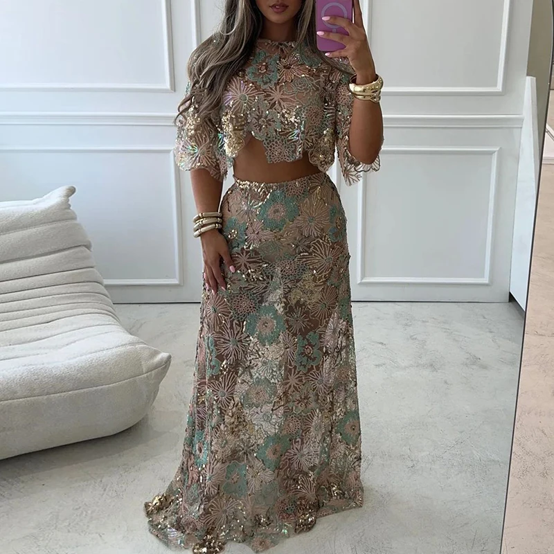 Gestickte Pailletten Sexy Club Party 2pc Set Frauen Oansatz Kurzarm Top + Mini Rock Dünne Klage Elegante Hohe taille Sommer Outfit Image