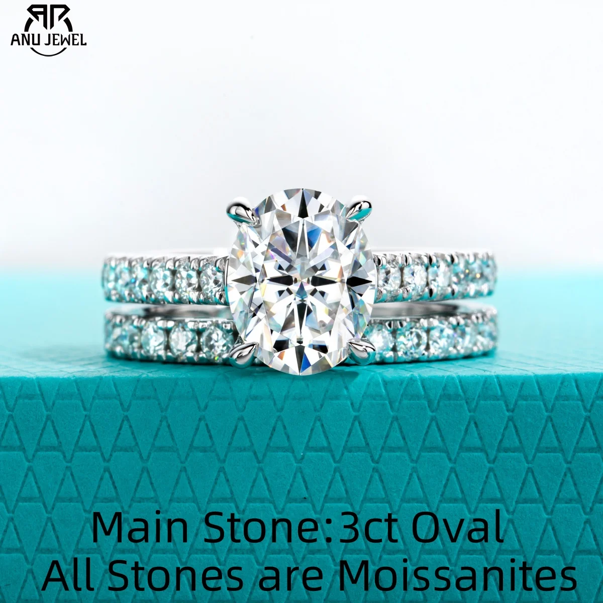 AnuJewel 3ct (insgesamt 4,0442ct) Oval Cut D Farbe Moissanit Braut Ring Set Ehering Silber Ringe Mit Cer Schmuck Großhandel Image