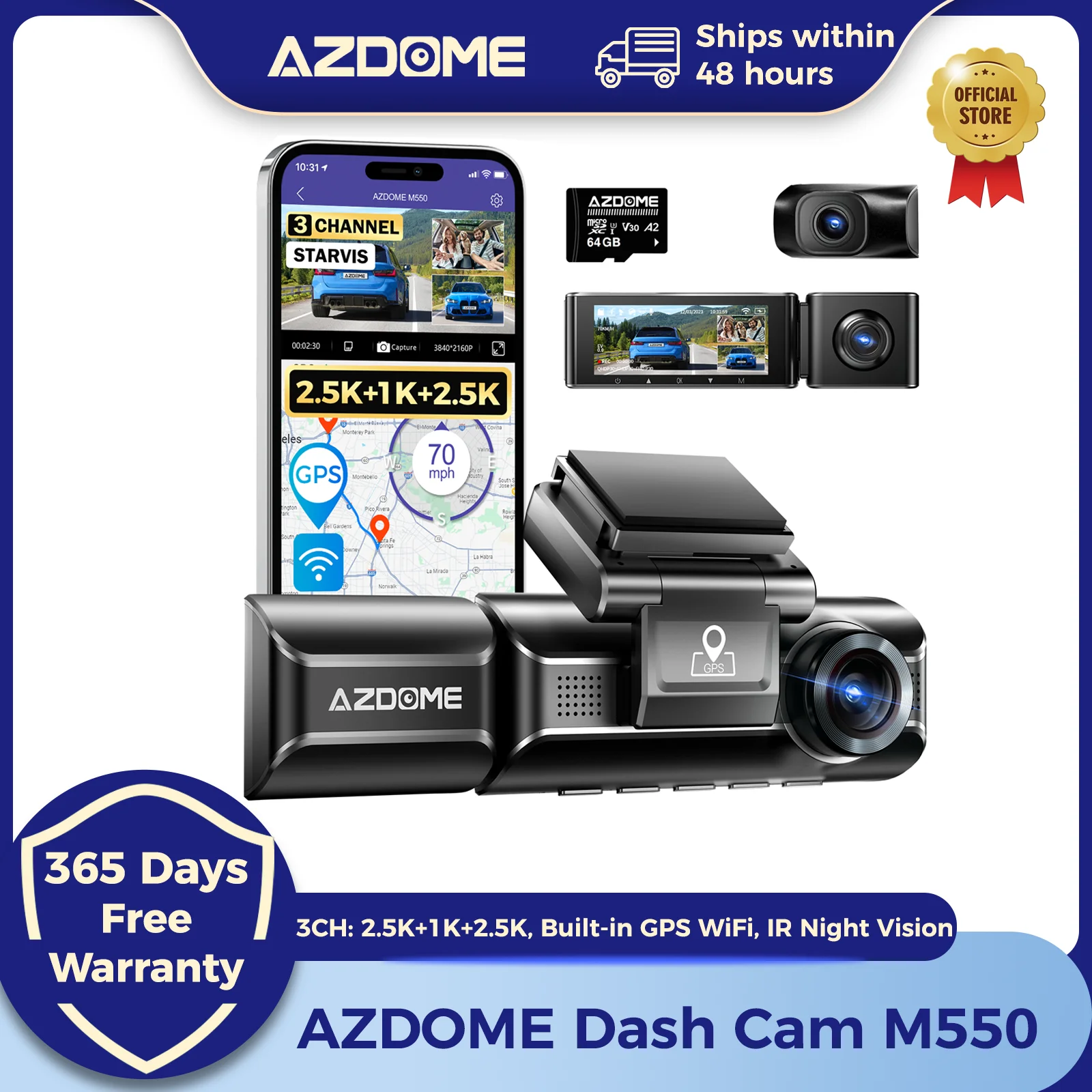 AZDOME M550 Dash Cam 4K + 1080 3,18'' Bildschirm 3 Kamera GPS WiFi APP Steuerung Auto DVR IR Nachtsicht 24H Parkplatz Unterstützung Hinten Cam
