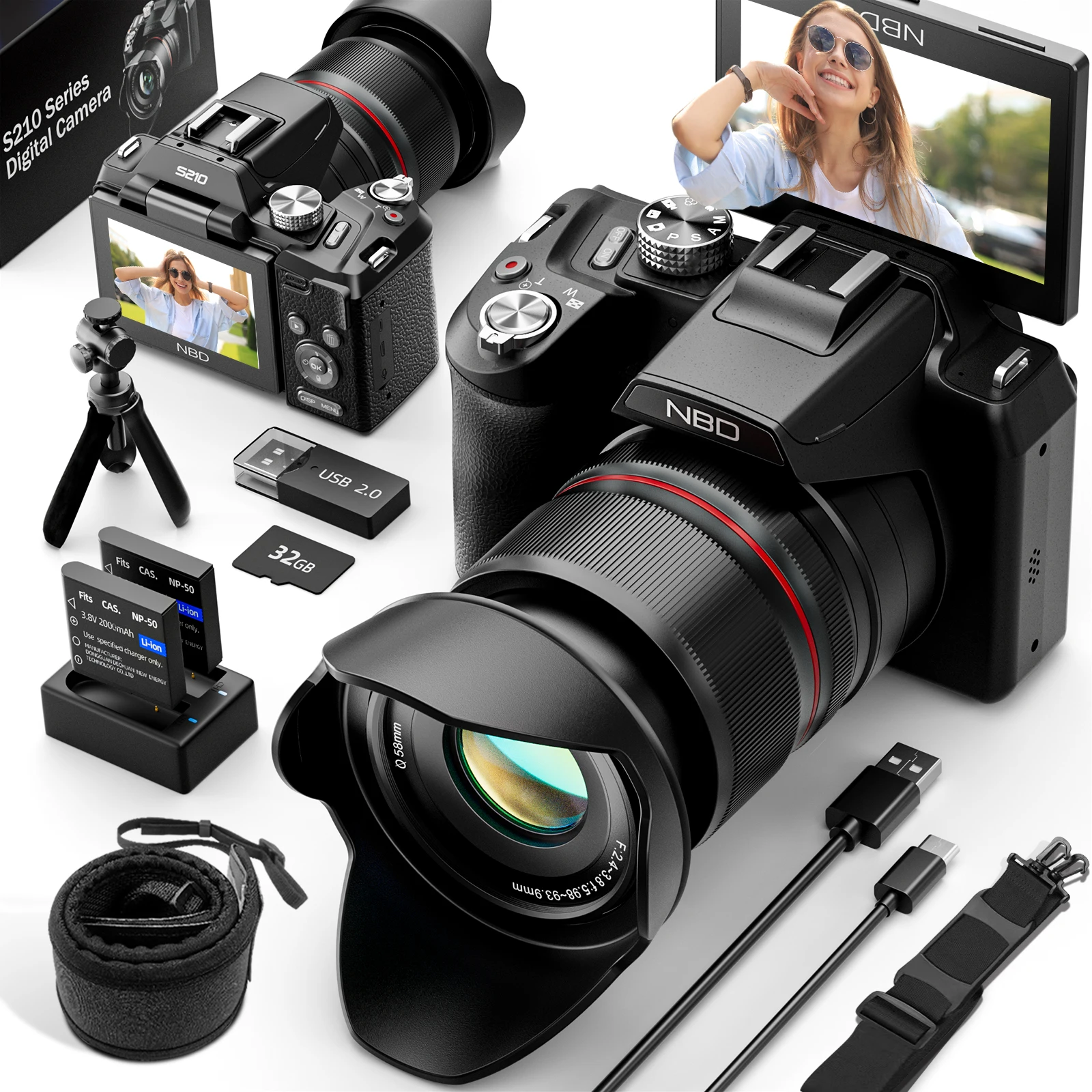 NBD 5K&64MP Digitalkameras für Fotografie, 16-fach optische Zoomkamera mit WLAN und App-Steuerung, Vlogging-Kamera mit Autofokus Image