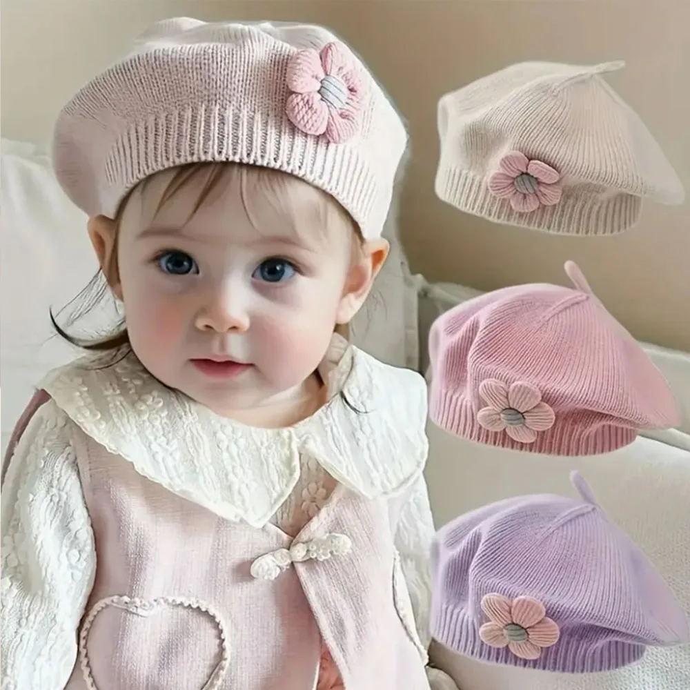 0–4 Jahre Baby-Mädchen-Baskenmütze mit niedlichem Blumenmuster, Strickstoff aus 100 % Baumwolle, leichte Strickmütze für Kleinkinder, dehnbar, Thanksgiving Image