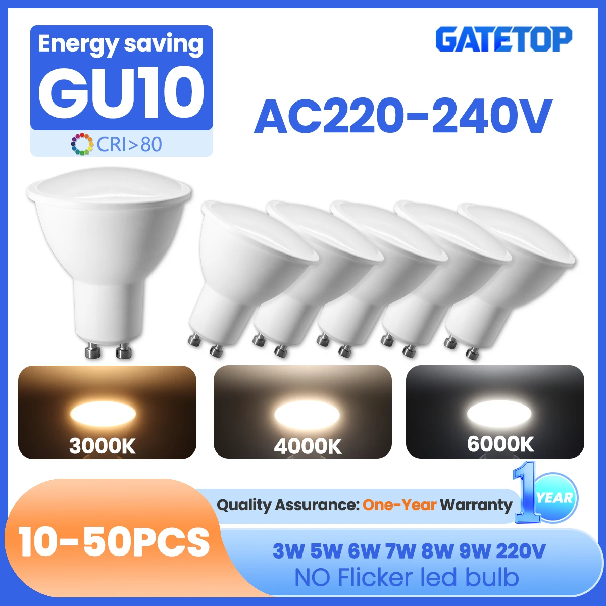 10–50 Stück LED-Strahler, GU10-Birne, 3 W, 5 W, 6 W, 7 W, 8 W, 9 W, AC220–240 V, Tageslicht, ersetzt 50 W Halogenlampe, geeignet für Kronleuchter