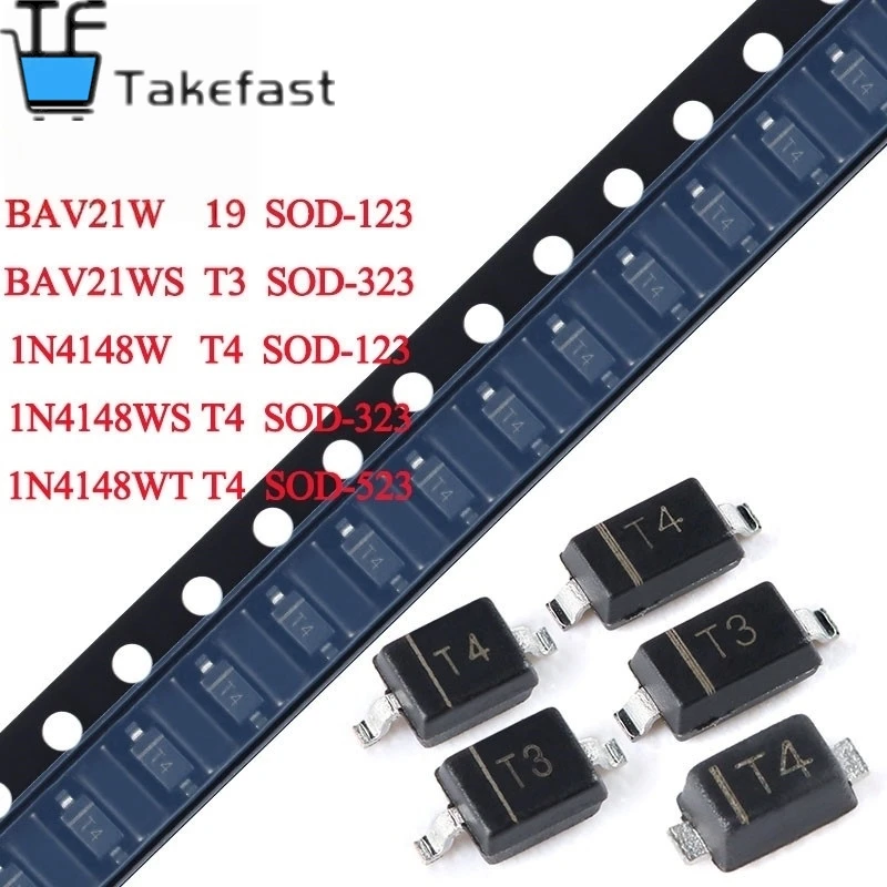 Takefast 100 Stück 1N4148W T4 BAV21W T3 SOD-123 1N4148WS BAV21WS SOD-323 1N4148WT SOD-523 1N4148 BAV21 BAV21W SMD Schaltdioden Image
