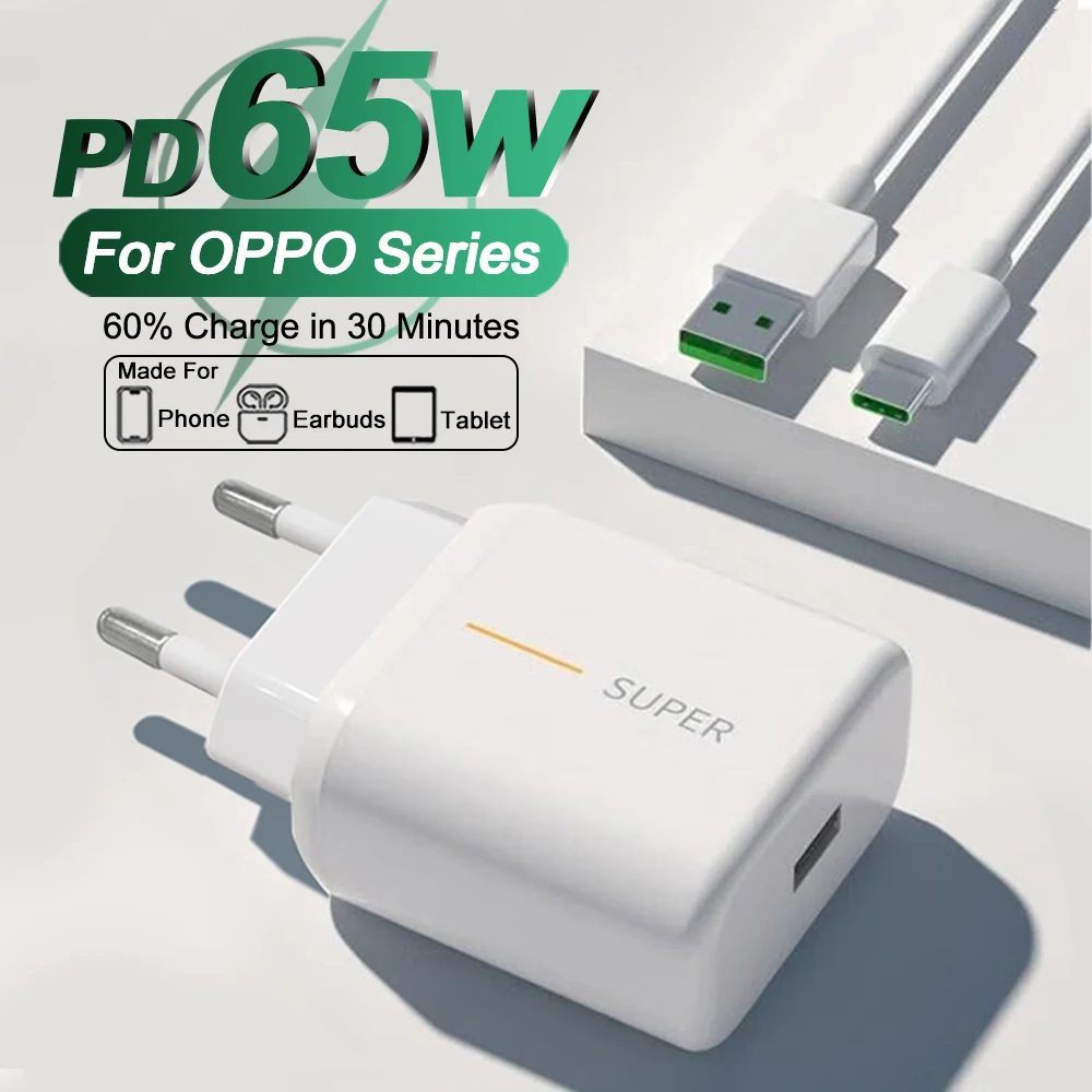Original 65W Supervooc Schnelle Ladegerät Für OPPO K13 K12 K11 K10 Turbo Reno 14 13 12 11 Pro Finden X8 X7 X6 A5 A6 Pro USB Typ C Kabel Image