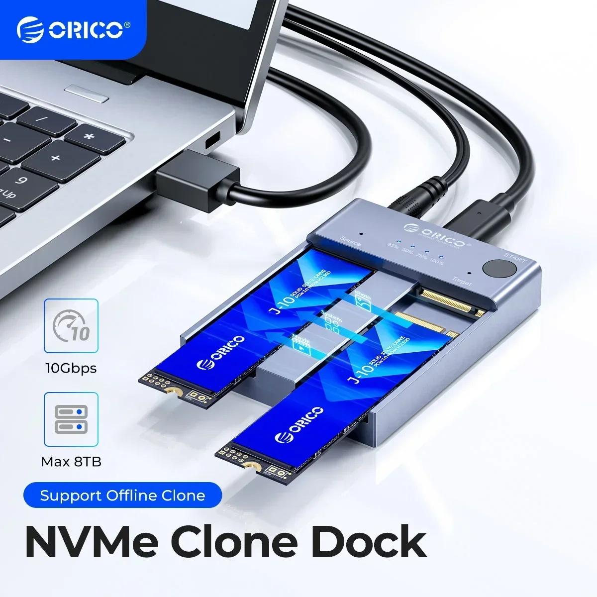 ORICO M.2 NVMe Cloner Dual Bay NVMe USB C auf NVMe SSD-Gehäuse Aluminium M.2 Duplikator Offline-Klon für PCIe M-Key SSDs 8 TB Image