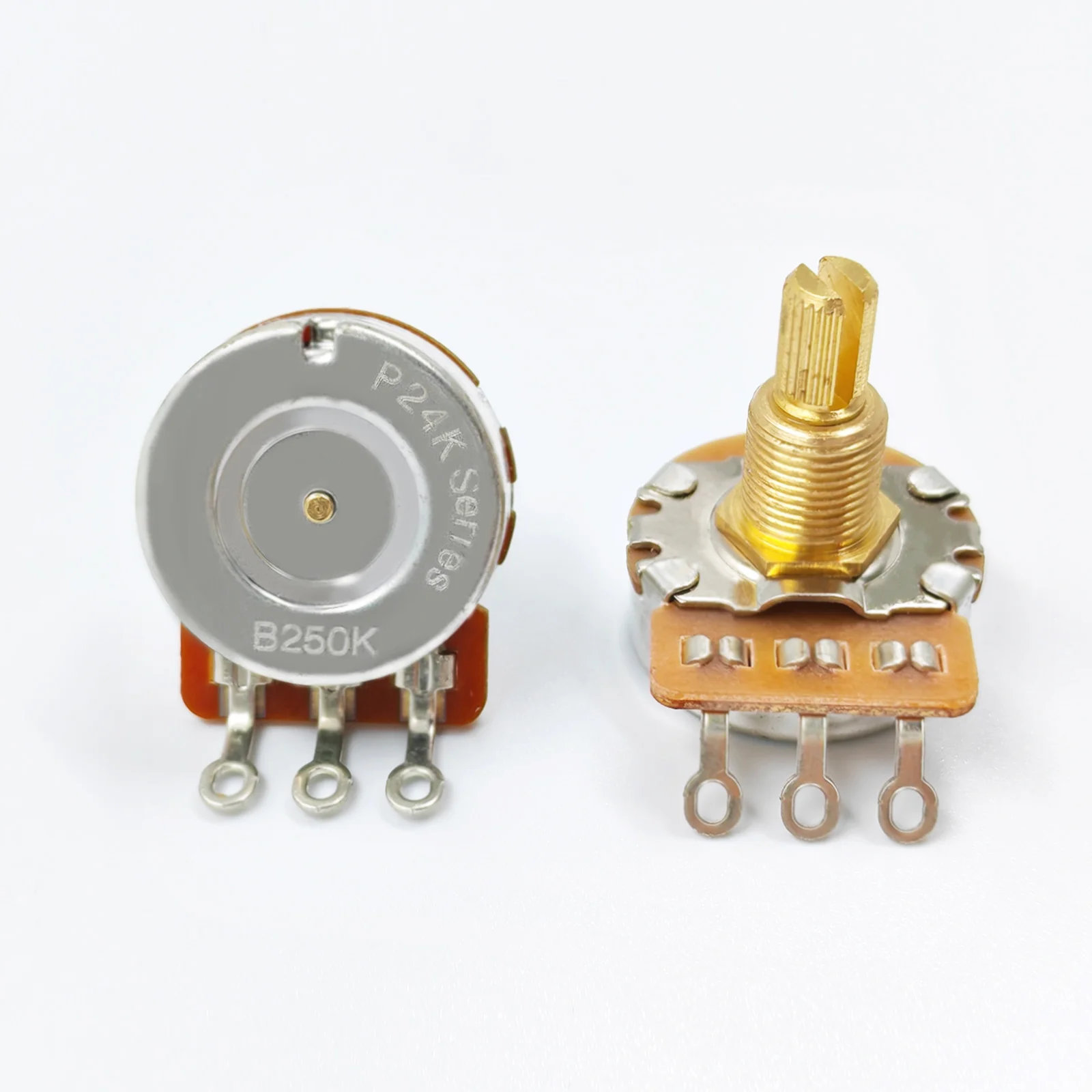PHRILAM Gitarren-Potentiometer-Set aus Messing mit 24 Zähnen und 3/8-Zoll-Gewindeschaft, 250 K/500 K Ohm-Optionen – 2-teiliges Gitarren-Topf-Set Image