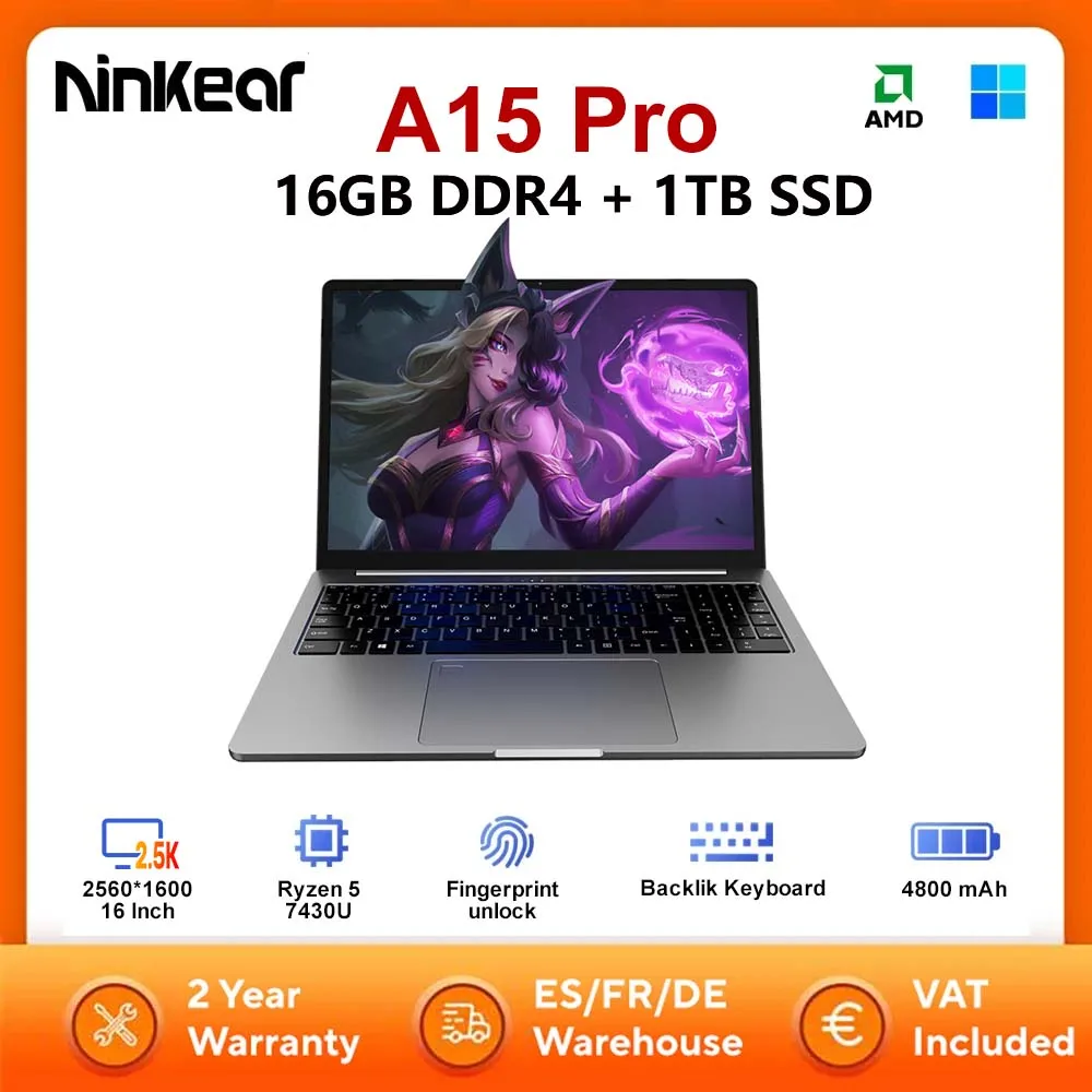 Ninkear A15 Pro Laptop AMD Ryzen 5 7430U 16 Zoll 120 Hz 2560 x 1600 Display 16 GB 1 TB Fingerabdruck-Entriegelungs-Notebook-Computer Image