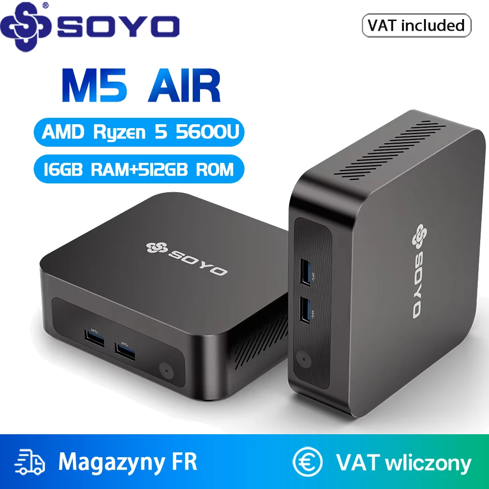 SOYO M5 AIR Mini-PC AMD Ryzen 5 5600U CPU (bis zu 4,2 GHz) DDR4 16GB RAM 512GB M.2 SSD 4K Triple-Display WIF6/BT5.2 Mini-Computer