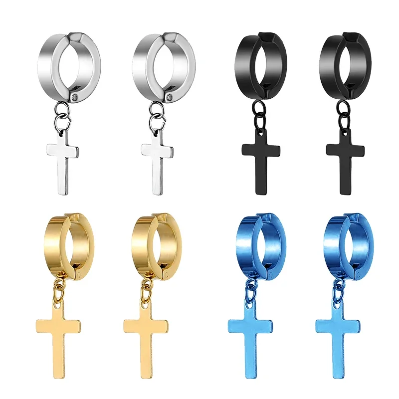 2-teilige Edelstahl-Clip-On-Ohrringe ohne Piercing für Damen und Herren, Schwarz, Gold, Farbe, Kreuz, Gothic, Punk, Rock, Tropfen-Pendant-Schmuck