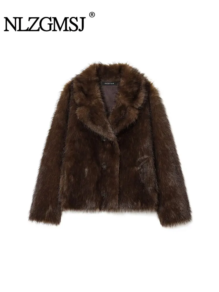 Nlzgmsj Winter Casual Braun Dickes Fell Reversible Jacken Frauen Langarm V-ausschnitt Faux Pelz Mäntel Streetwear Outwears