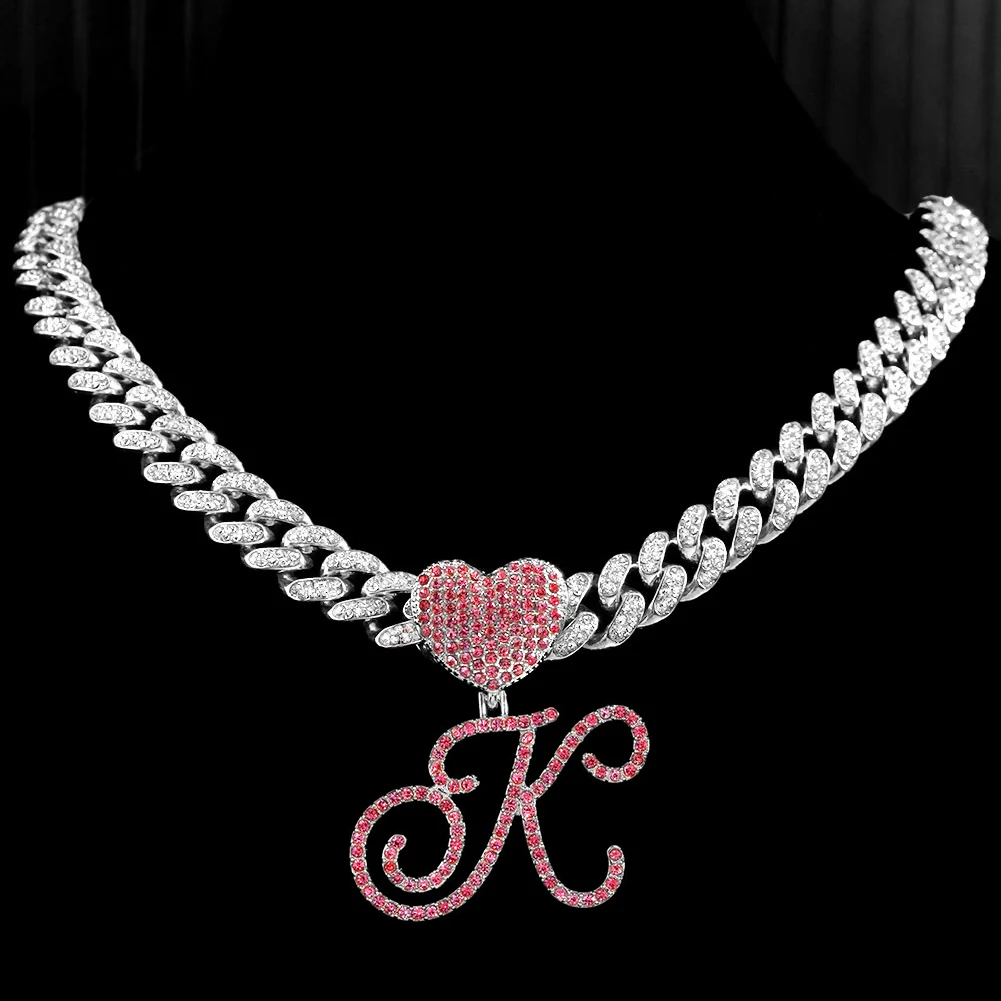 Hip Hop Rosa A-Z Cursive Brief Initial Herz Anhänger Halskette Für Frauen Bling Iced Out Kubanischen Zirkon Kette Halskette Punk schmuck