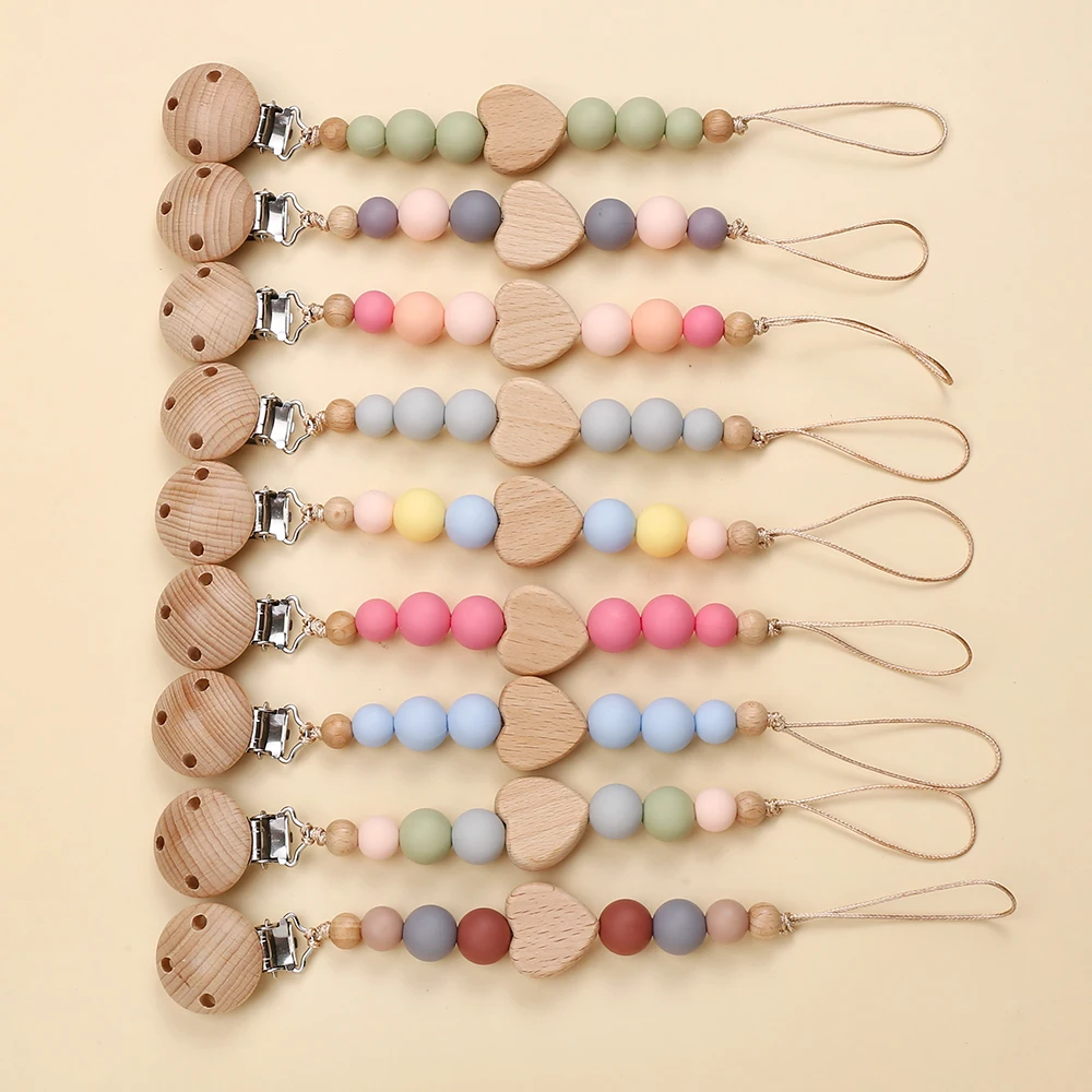 Neue Herz Holz Buche Clip Baby Schnuller Kette Silikon Perlen Dummy Nippel Halter Schutz Beißring Anhänger Neugeborenen Kauen Spielzeug Geschenk Image