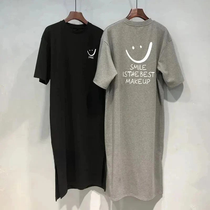 Frauen Sommer Neue Kurzarm T-shirt Kleid Lose Mittlere Länge Über Knie Kleid Image