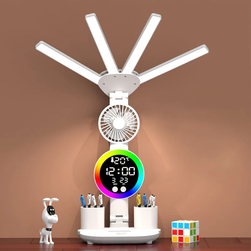 Wiederaufladbare Tischlampe für Arbeitszimmer, Schreibtischlampe, Leselicht, LED-Tischleuchte mit Ventilator, LED-Leselampe mit Uhrendisplay