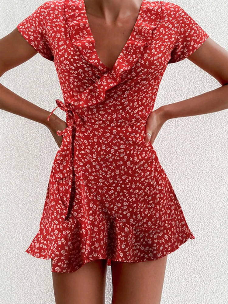 Sommer-Damenkleid mit Blumenmuster, A-Linie, süßes, elegantes Blumenrüschen, V-Ausschnitt, Bandage, kurzes Kleid für Damen, schickes Blumen-Minikleid Image