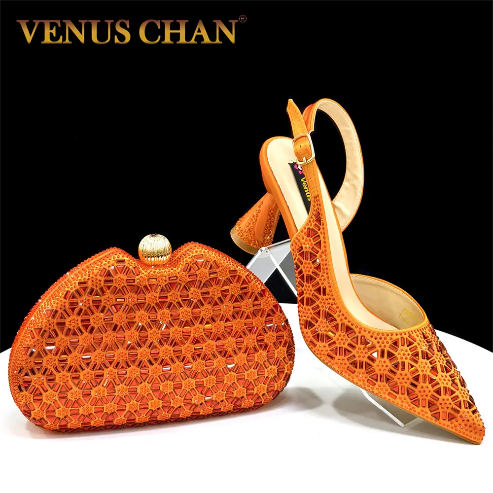 Venus Chan Elegantes orangefarbenes italienisches Design-Damenschuhe- und Taschenset mit Schmetterlingsdekoration für Hochzeiten und Partys