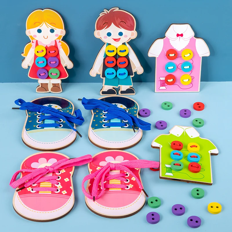 Kinder Einfädelspielzeug Holz Montessori Krawatte Schnürsenkel Kleidung Knöpfe Training Lebenskompetenzen Lehrmittel Kleidung Einfädelspiel Image