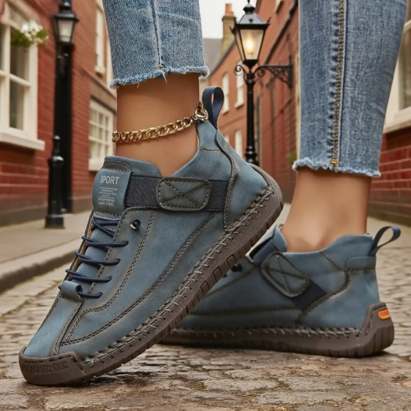 Handgefertigte Damen-Loafer aus Leder, lässig, bequem, weiche Sohle, hochwertige Motorradstiefel, modische britische Tennis-Nude-Stiefel
