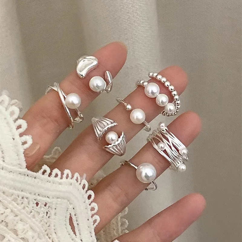 PANJBJ 925 Sterling Silber Perle Unregelmäßigen Ring für Frauen Shell Überlappende Hohl Süße Design Schmuck Geschenk Dropshipping Image