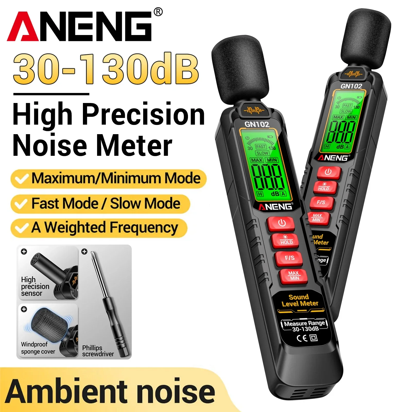 Schallpegelmesser Digitales tragbares Geräuschmessgerät NENG GN102 Audiopegelmesser 30-130 dB Umgebungsgeräusch Winddichter Dezibel-Messgerät-Test Image