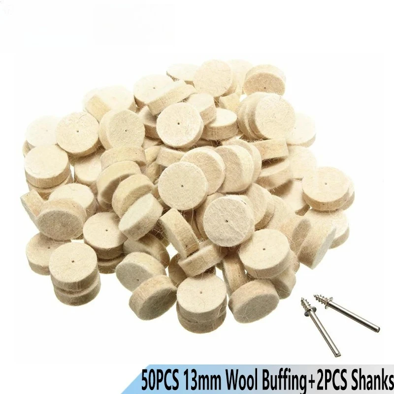 50 Stück 13 mm Wollfilz-Polierscheiben, Schleif- und Polierpads + 2 Stück 3,2 mm Schaftstücke für Proxxon Dremel Rotationswerkzeug Image