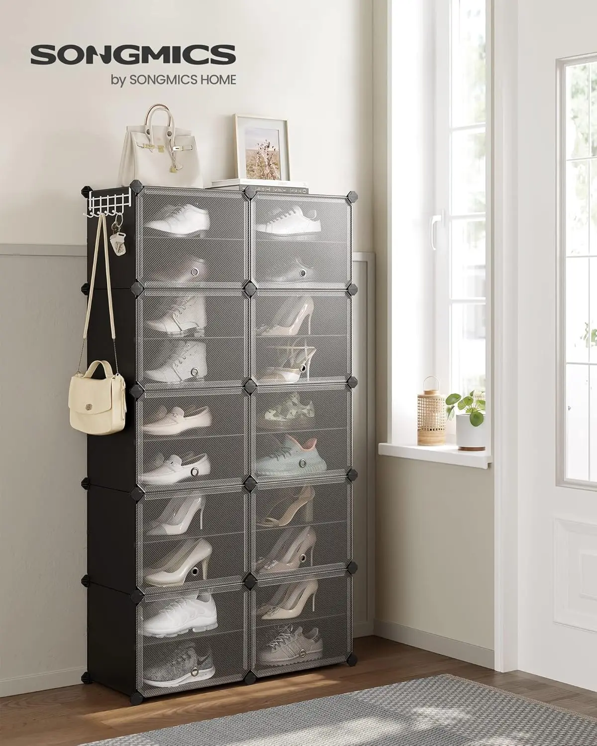 SONGMICS Schuhregal mit 10 Fächern, Schuhschrank, 30 x 40 x 30 cm pro Fach, schmal, mit Türen, Stahlrahmen, Kunststoff Image