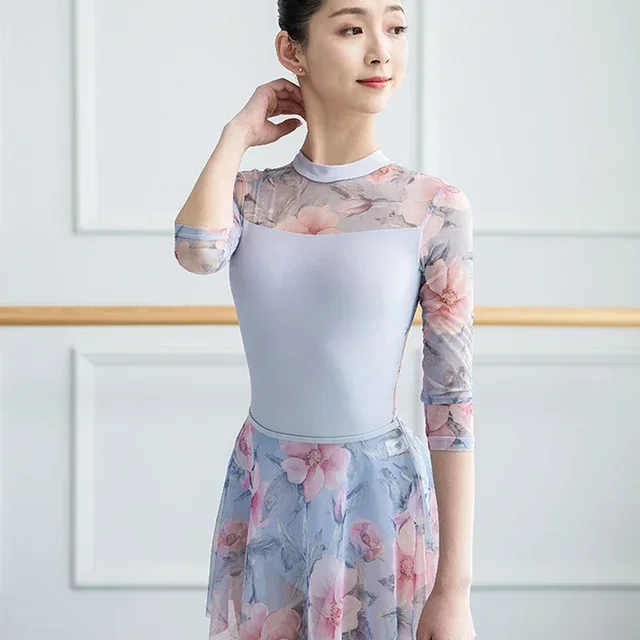 Gedruckt Gymnastic Weibliche Erwachsene Grundlegende Trikot für Mädchen 3/4 Hülse Dance Tragen Professionelle Ballett Ausbildung Kleid