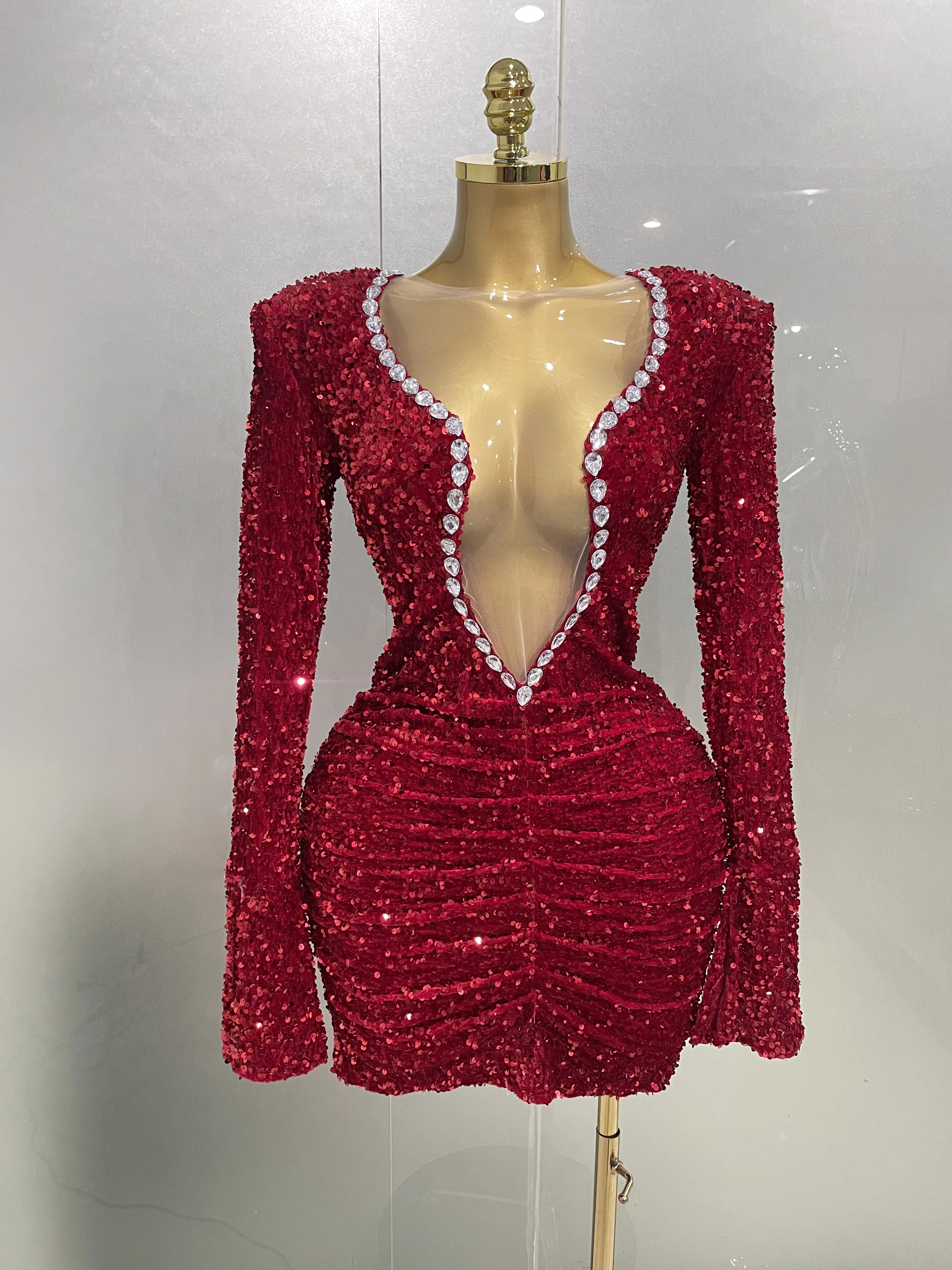 Sexy glänzendes rotes Pailletten-Strass-Minikleid, 2025, neues Damen-Abend-Geburtstagsfeier, Nachtclub, Bühnenkostüm Image