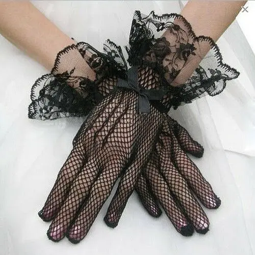 Schwarze Netzhandschuhe mit Rüschenbesatz – Gothic-viktorianischer Stil, sexy Dessous-Accessoire, Halloween-Kostüm, Burlesque, Steampun