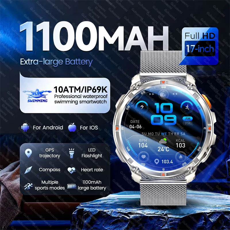 Neue Männer 1100 mAh Große Batterie Smart Uhr Outdoor GPS Kompass Bluetooth Anruf 10ATM Wasserdichte Sport Fitness Erwachsene HD Smartwatch