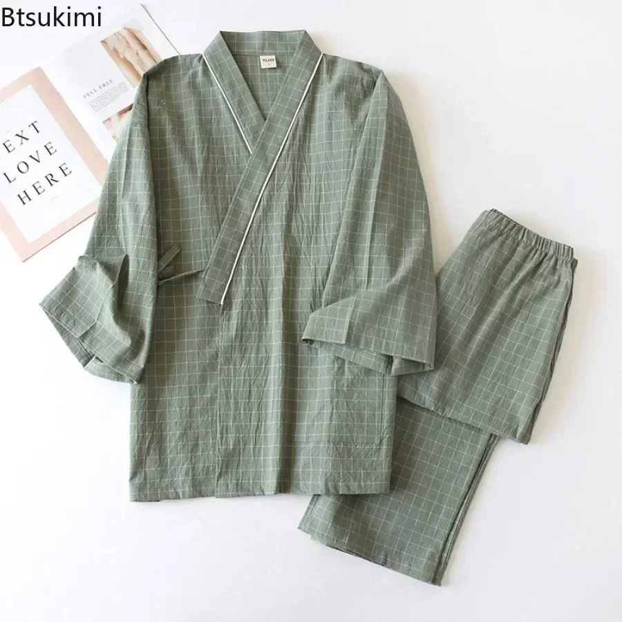 2026 Herren-Pyjama-Sets, japanische Kimono-Robe-Sets, bequem, 100 % Baumwolle, kariert, lockere Bademäntel für zu Hause, lange Hosen, zweiteilige Sets Image