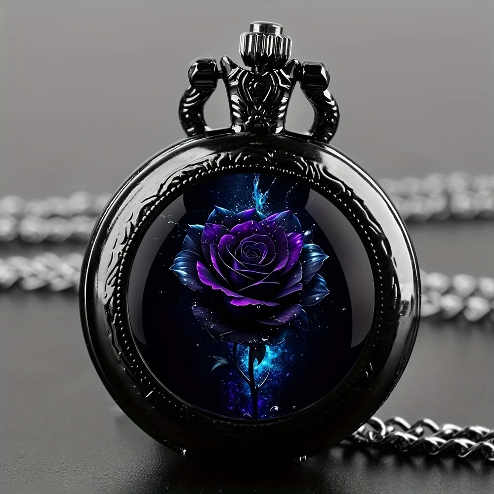 Exquisite spezielle Taschenuhr, blaue Rose, Blume, elegante schwarze Uhr mit Halskette, Kette, bestes Geschenk für Liebhaber, coole Modeuhren